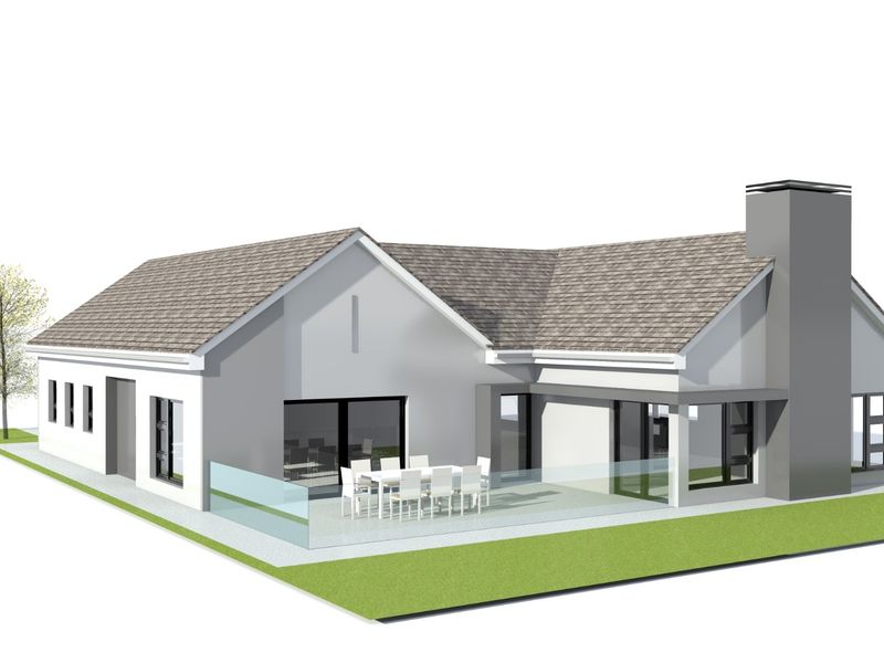 A 3D architectural rendering of the rear elevation featuring a patio with glass balustrades, a chimney, and modern sliding doors.