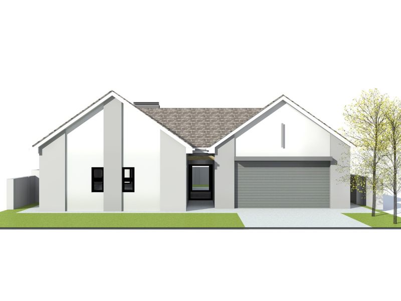 A digital architectural rendering of a modern single-story house facade featuring a double garage, clean white exterior walls, and a pitched tiled roof.
