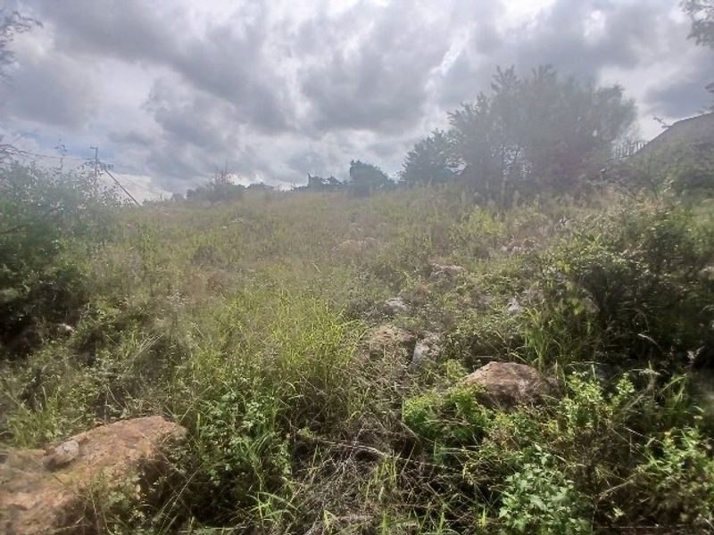 A view of a sloped, undeveloped residential plot featuring natural vegetation and rock formations under a cloudy sky.