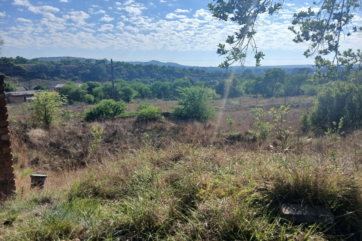 A scenic view overlooking a vacant residential plot with natural vegetation, mature trees, and distant rolling hills under a clear blue sky.
