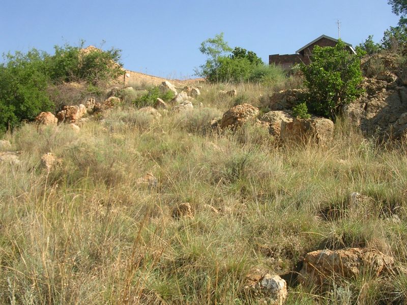 A view of the sloped, rocky vacant land featuring natural grass and shrubbery with a neighboring structure visible in the background.