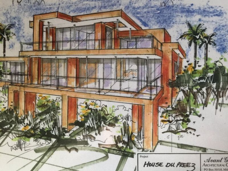 An architectural sketch depicting a multi-level residential property design.