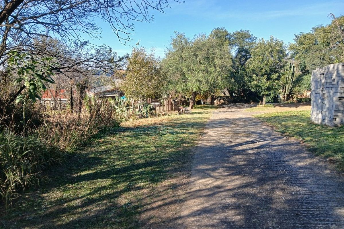 A spacious residential plot featuring a concrete driveway, established trees, and a grass lawn area.