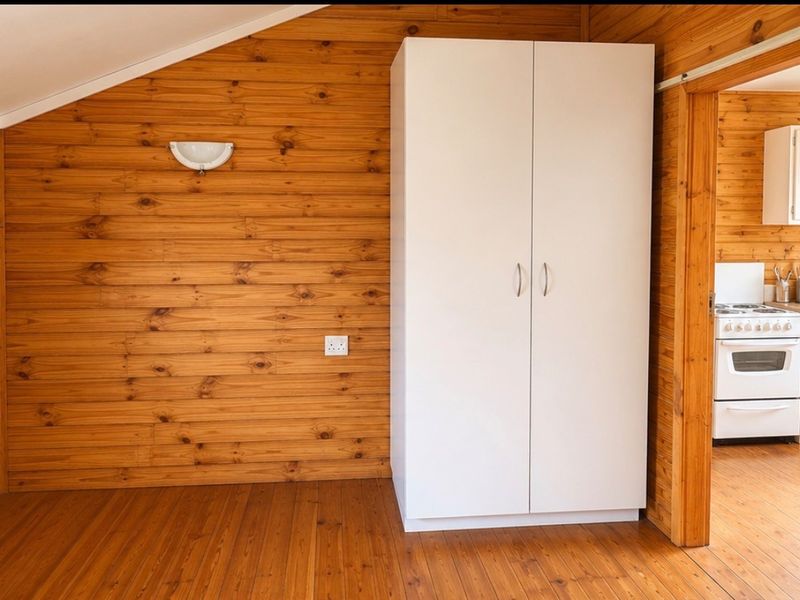 Open plan living area featuring timber wall cladding and flooring, with a built-in wardrobe and a view into the adjacent kitchen area.