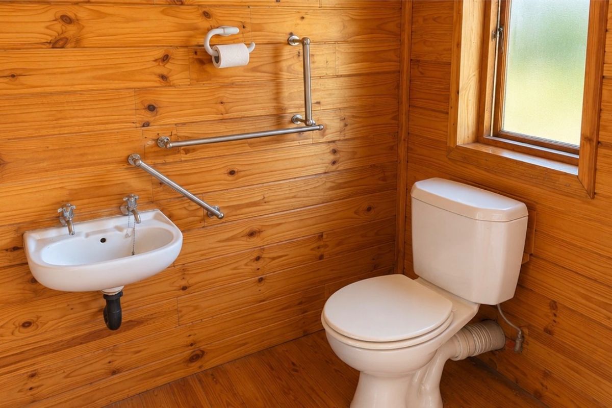 A functional bathroom featuring timber wall cladding, a wall-mounted basin, a toilet, and installed safety grab rails.