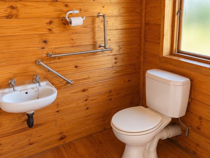 A functional bathroom featuring timber wall cladding, a wall-mounted basin, a toilet, and installed safety grab rails.