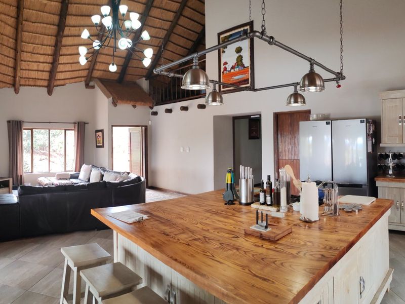 Spacious open-plan living area featuring a high thatched ceiling with exposed beams, a large kitchen island with wooden countertop, and integrated cabinetry.
