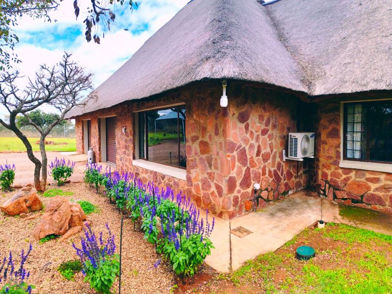 Rear view of a farm-style dwelling featuring traditional thatch roofing, natural stone cladding, and a well-maintained garden area.