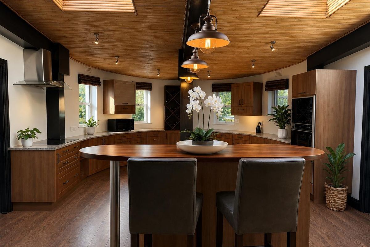 A modern, well-appointed kitchen featuring curved cabinetry, a central island, timber ceiling detailing, and dual skylights providing ample natural light.