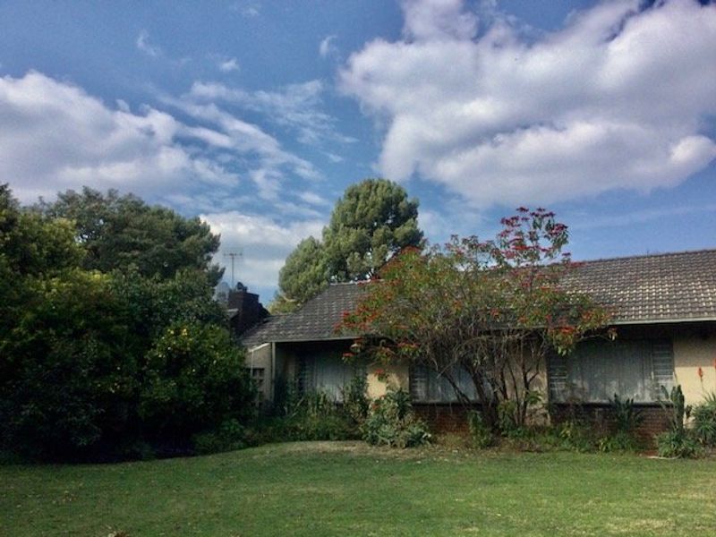 Rear view of a single-story brick house featuring a tiled roof, louvre windows, and an established garden with mature trees.
