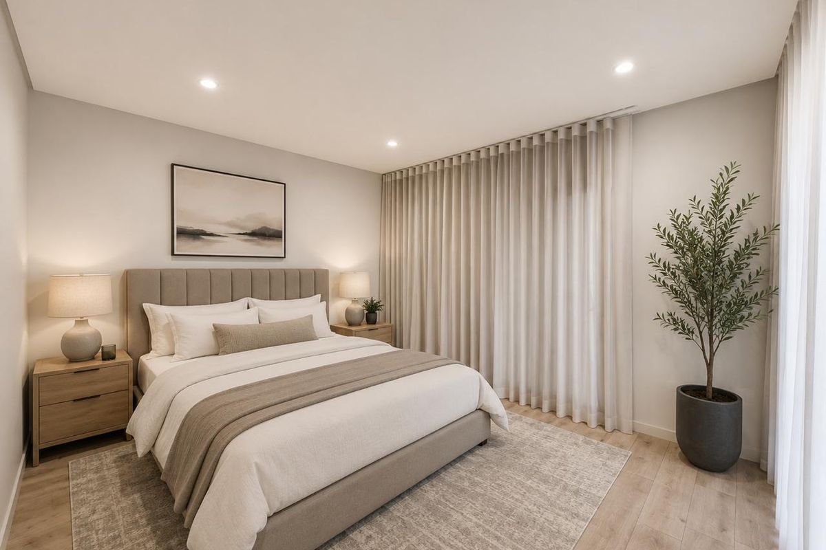 A modern, well-maintained bedroom featuring neutral tones, recessed downlighting, timber flooring, and floor-to-ceiling s-fold curtains.
