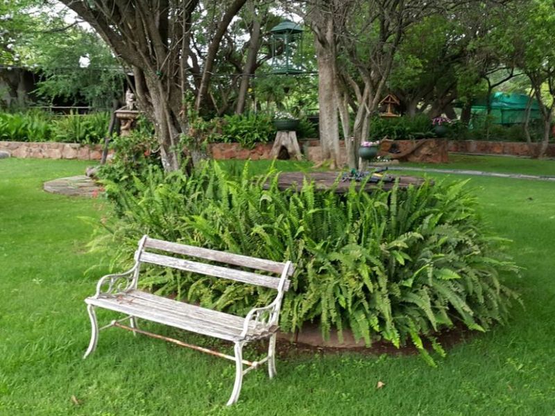 A lush, well-maintained garden area featuring mature trees, manicured lawn, and a stone retaining wall, providing a serene outdoor setting.