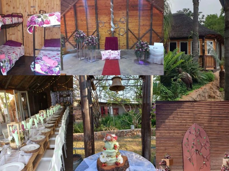 A collage of various property images including a bedroom, event space, garden area, and exterior views of a farm-style venue.
