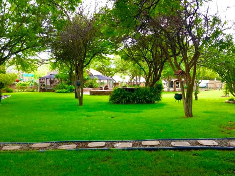 A lush, well-maintained garden featuring mature trees, expansive green lawn, and a stone stepping path.