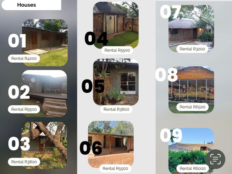 A collage image displaying various rental farm house exteriors with associated rental pricing.