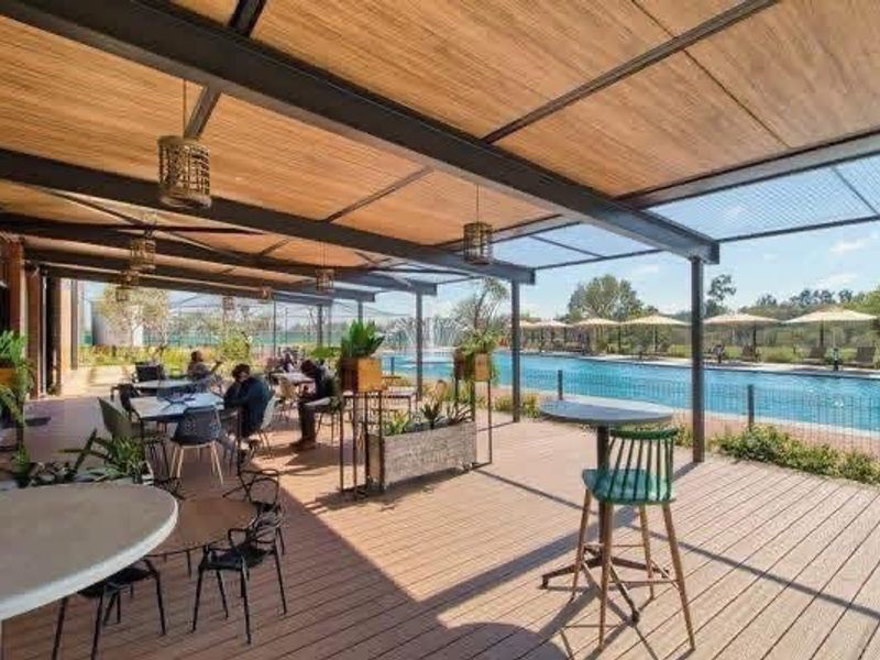 A spacious outdoor pool area featuring timber decking, a modern steel pergola structure, and built-in planters overlooking a large swimming pool.