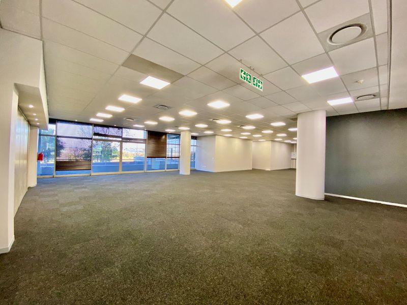 A spacious, open-plan commercial office area featuring a suspended ceiling, recessed lighting, carpeted floors, and large windows providing ample natural light.