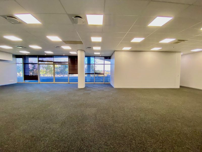 Spacious open-plan office area featuring carpeted flooring, suspended ceilings with recessed lighting, and large windows providing ample natural light.