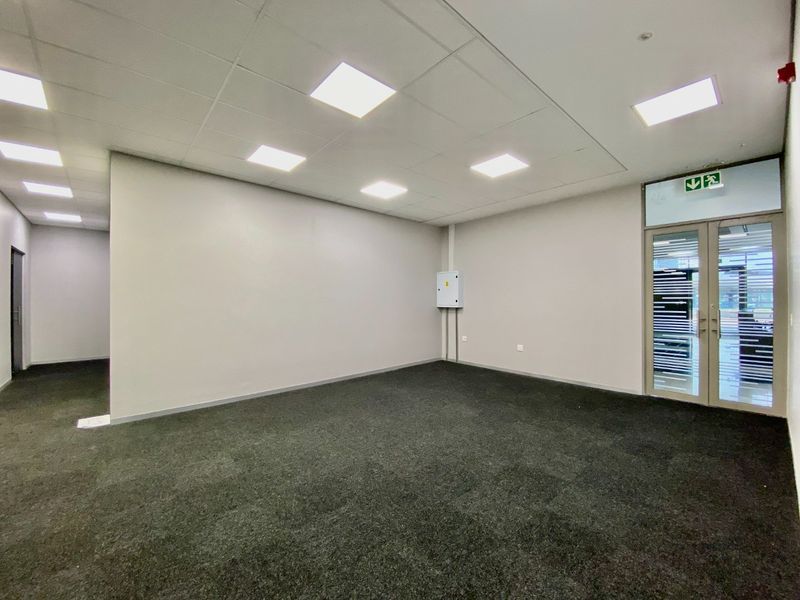 A clean, vacant commercial office space featuring carpeted flooring, a suspended ceiling with recessed lighting, and glass-paneled entry doors.