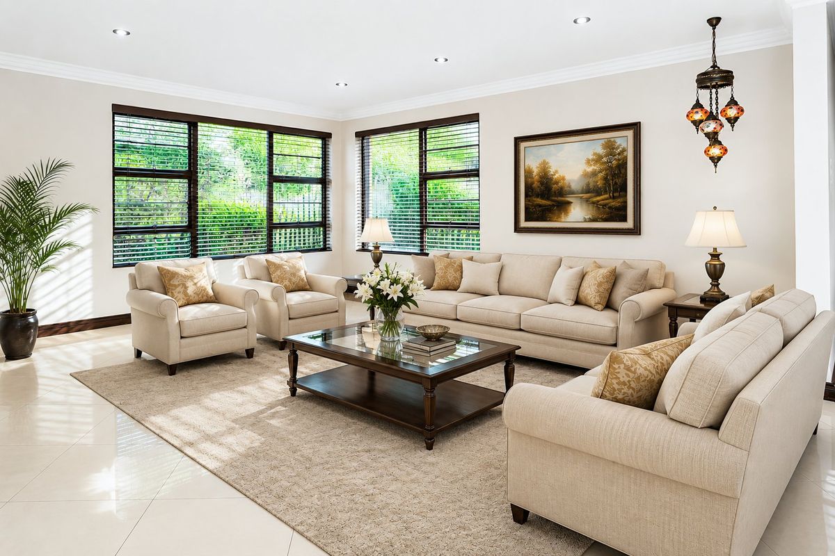 A bright and spacious living room featuring large windows with aluminium frames, recessed downlighting, decorative cornice, and polished tiled flooring.