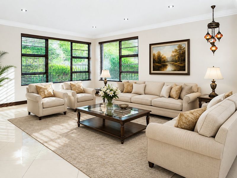 A bright and spacious living room featuring large windows with aluminium frames, recessed downlighting, decorative cornice, and polished tiled flooring.