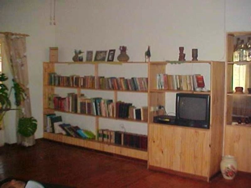 A living room featuring a large built-in wooden shelving unit and hardwood flooring, providing ample storage and display space.