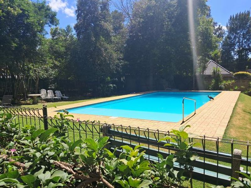 A well-maintained outdoor swimming pool area featuring a paved surround, metal safety fencing, and established garden surroundings.