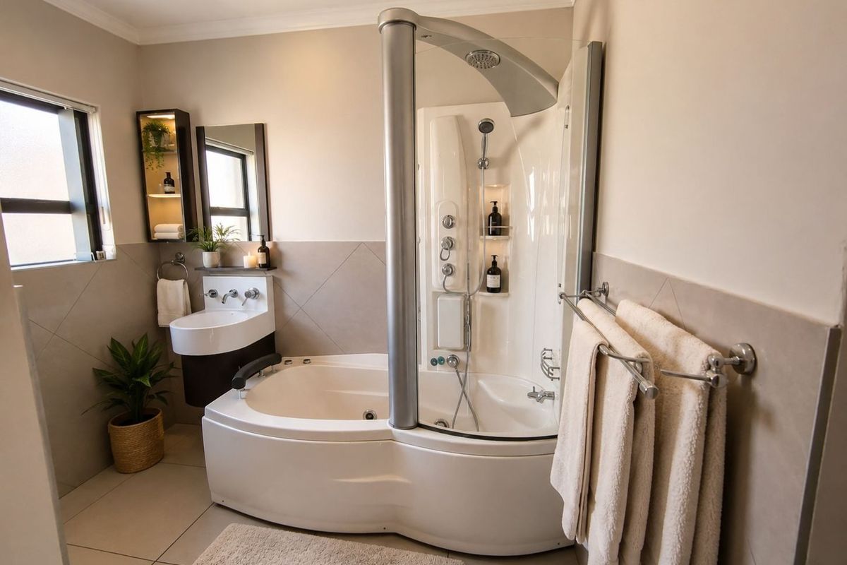 A modern bathroom featuring a combined shower and bathtub unit, wall-mounted basin, neutral tiled finishes, and built-in storage shelving.