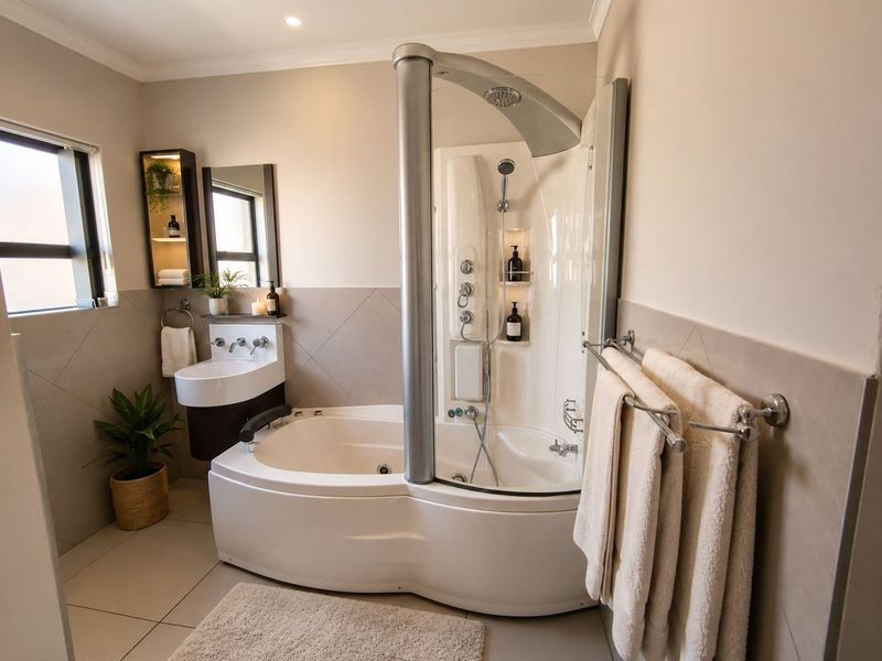 A modern bathroom featuring a combined shower and bathtub unit, wall-mounted basin, neutral tiled finishes, and built-in storage shelving.