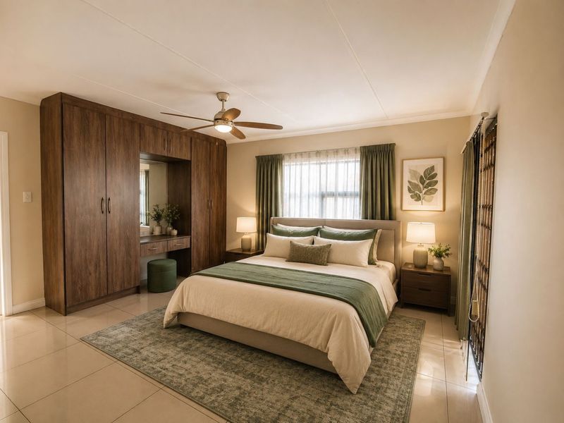 A well-maintained bedroom featuring built-in wooden cupboards with an integrated vanity, tiled flooring, and a ceiling fan.