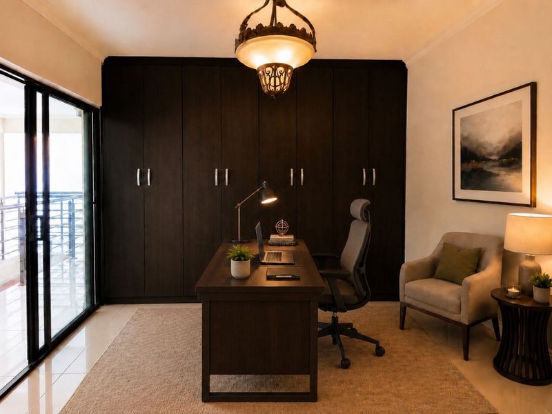 A well-appointed home office featuring extensive dark wood built-in cabinetry, tiled flooring, and a sliding glass door providing access to an outdoor balcony.