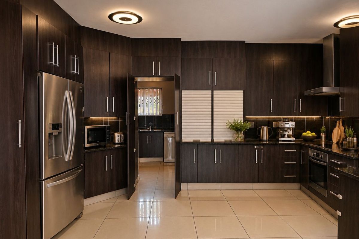 Modern kitchen featuring dark wood cabinetry, stainless steel appliances, granite countertops, and integrated under-cabinet lighting, with an adjacent scullery area.