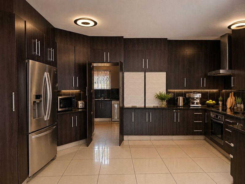 Modern kitchen featuring dark wood cabinetry, stainless steel appliances, granite countertops, and integrated under-cabinet lighting, with an adjacent scullery area.