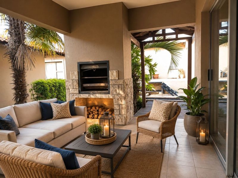 A covered patio featuring a built-in stone-clad braai, tiled flooring, and seamless access to the outdoor garden area.