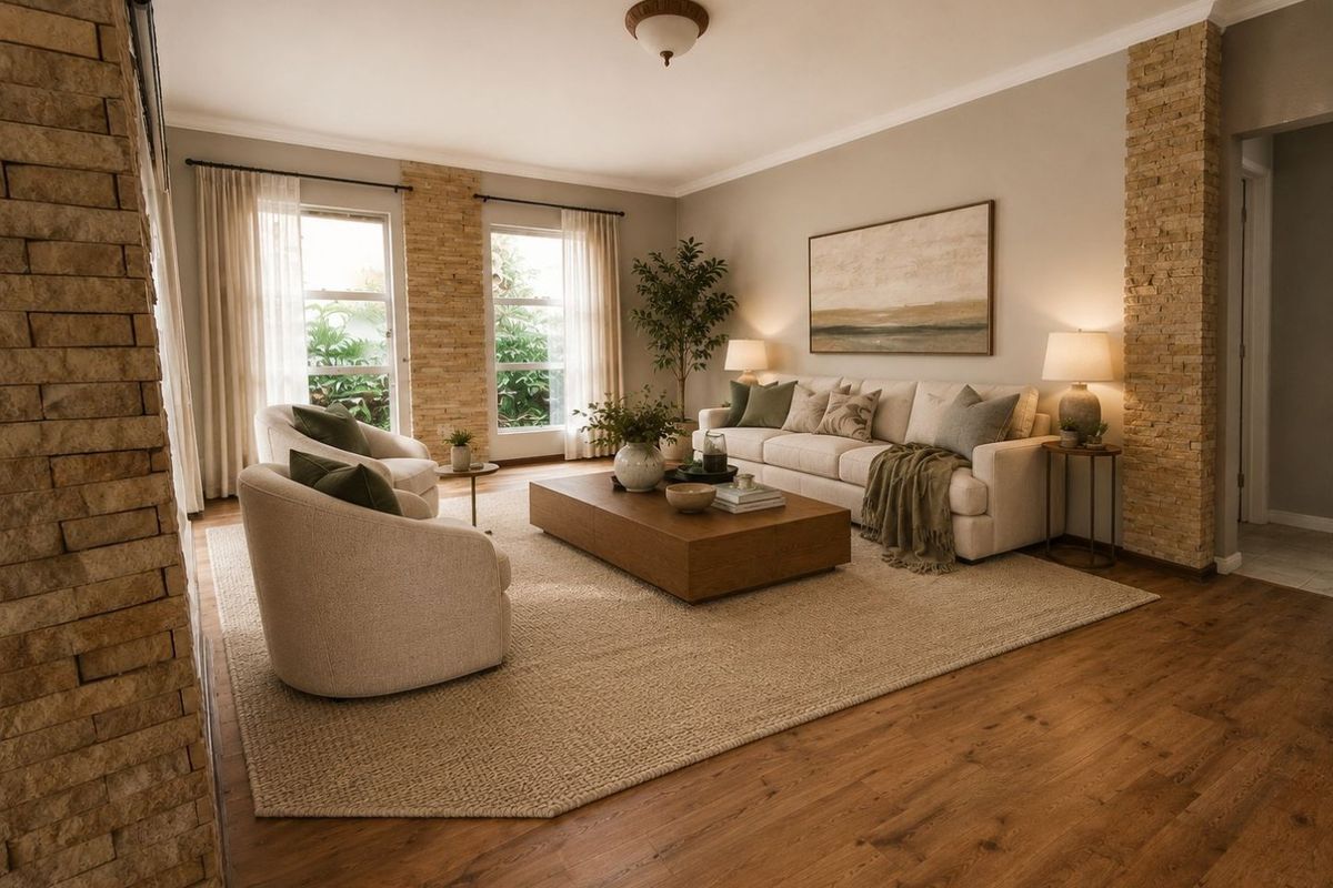 A well-appointed living room featuring warm hardwood flooring, elegant stone veneer accent columns, and natural light through large windows.