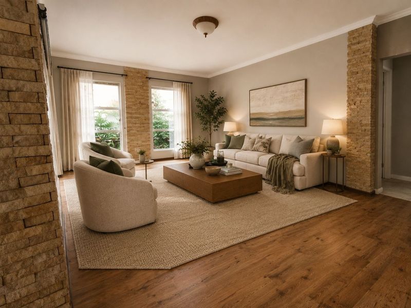 A well-appointed living room featuring warm hardwood flooring, elegant stone veneer accent columns, and natural light through large windows.