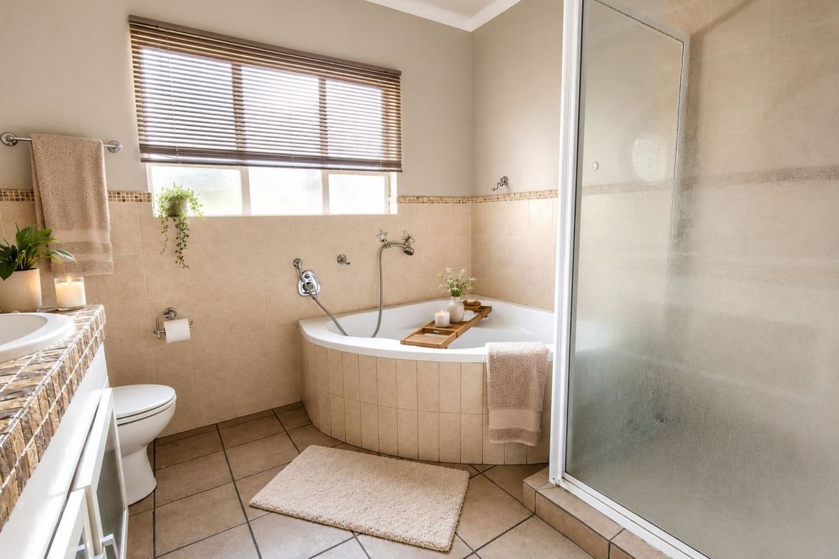 A well-maintained bathroom featuring a corner bathtub, separate shower enclosure, vanity basin, and neutral tiled finishes throughout.