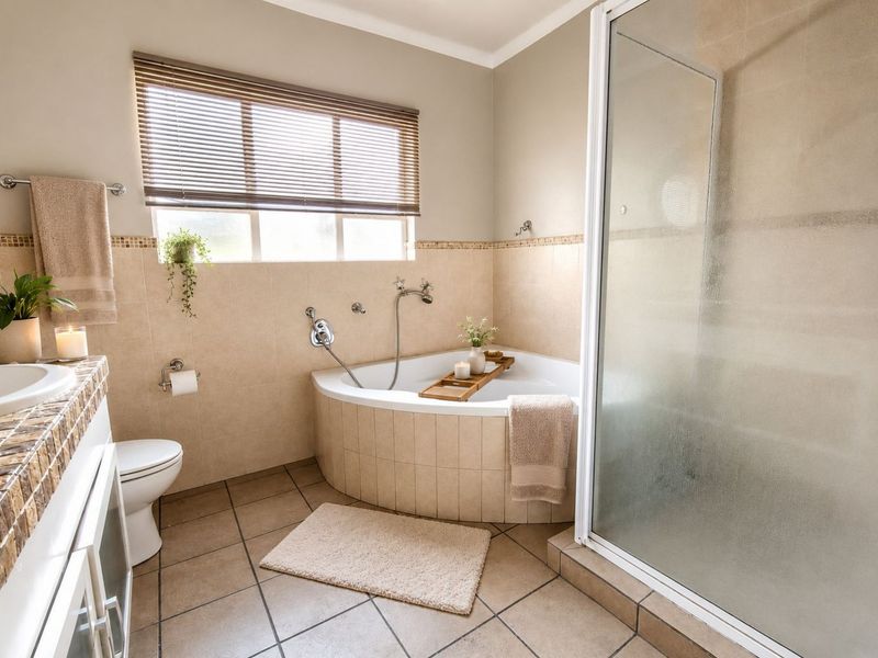 A well-maintained bathroom featuring a corner bathtub, separate shower enclosure, vanity basin, and neutral tiled finishes throughout.