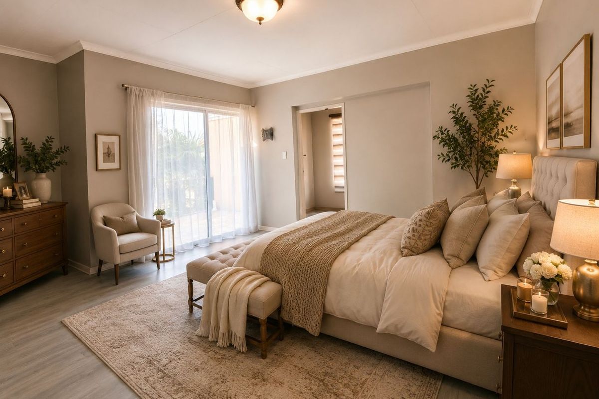 A well-appointed bedroom featuring neutral tones, laminate flooring, and a sliding glass door providing access to the exterior.
