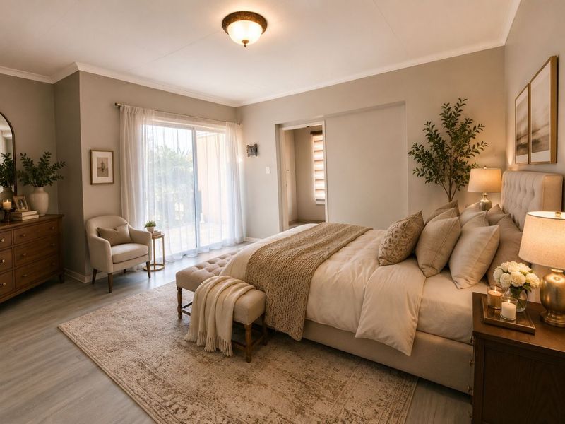 A well-appointed bedroom featuring neutral tones, laminate flooring, and a sliding glass door providing access to the exterior.
