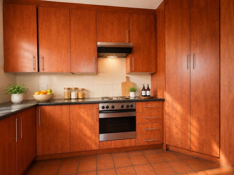 A functional kitchen featuring warm-toned wooden cabinetry, dark countertops, a built-in oven with hob, and durable tiled flooring.