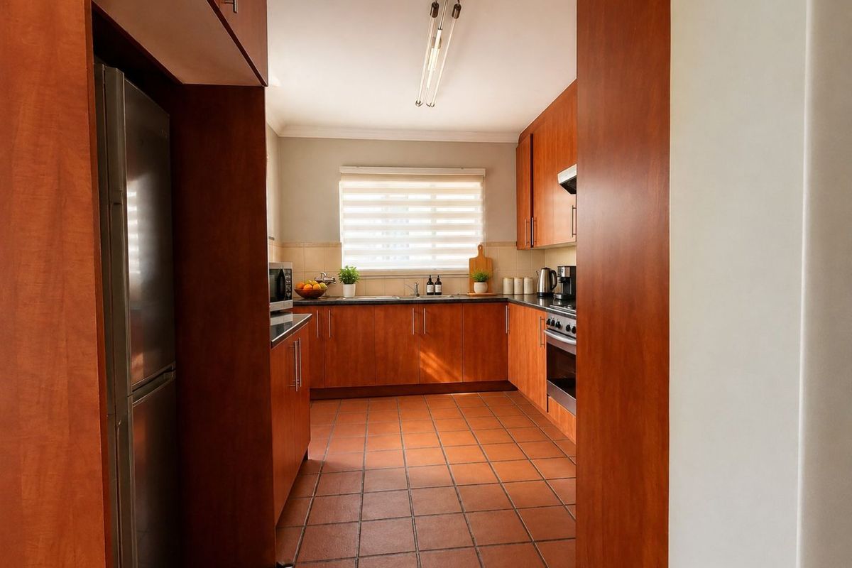 A functional kitchen featuring warm-toned wooden cabinetry, dark countertops, tiled flooring, and integrated appliances, offering a practical layout for daily cooking.