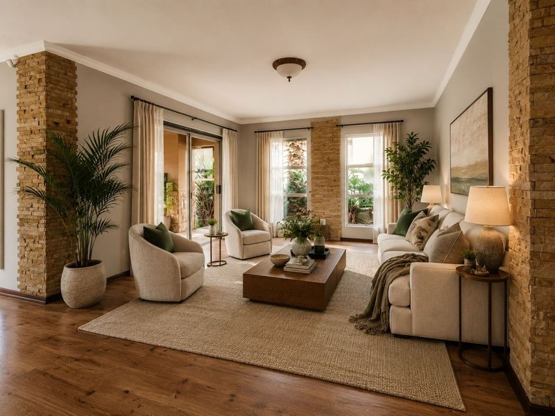 A well-appointed living room featuring stone-clad pillars, hardwood flooring, and large sliding glass doors that provide natural light and access to the patio.