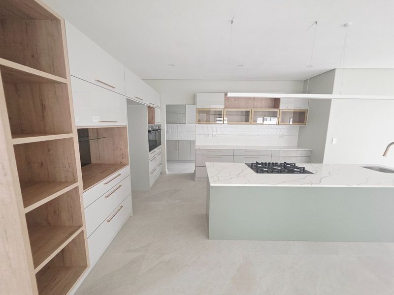Modern, spacious kitchen featuring a large island with stone countertops, built-in gas hob, integrated oven, and ample custom cabinetry with a neutral finish.