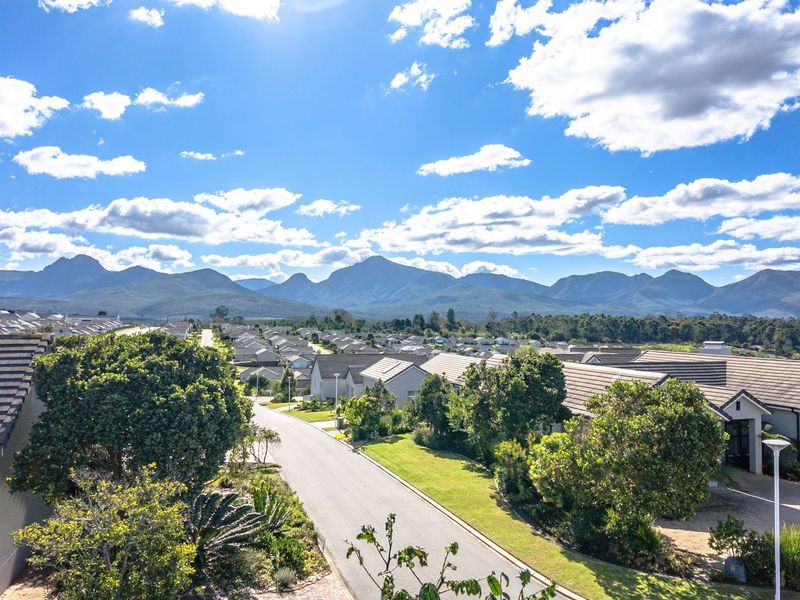 An elevated aerial view showcasing the residential estate, surrounding landscaped gardens, paved streets, and a scenic mountain range backdrop.