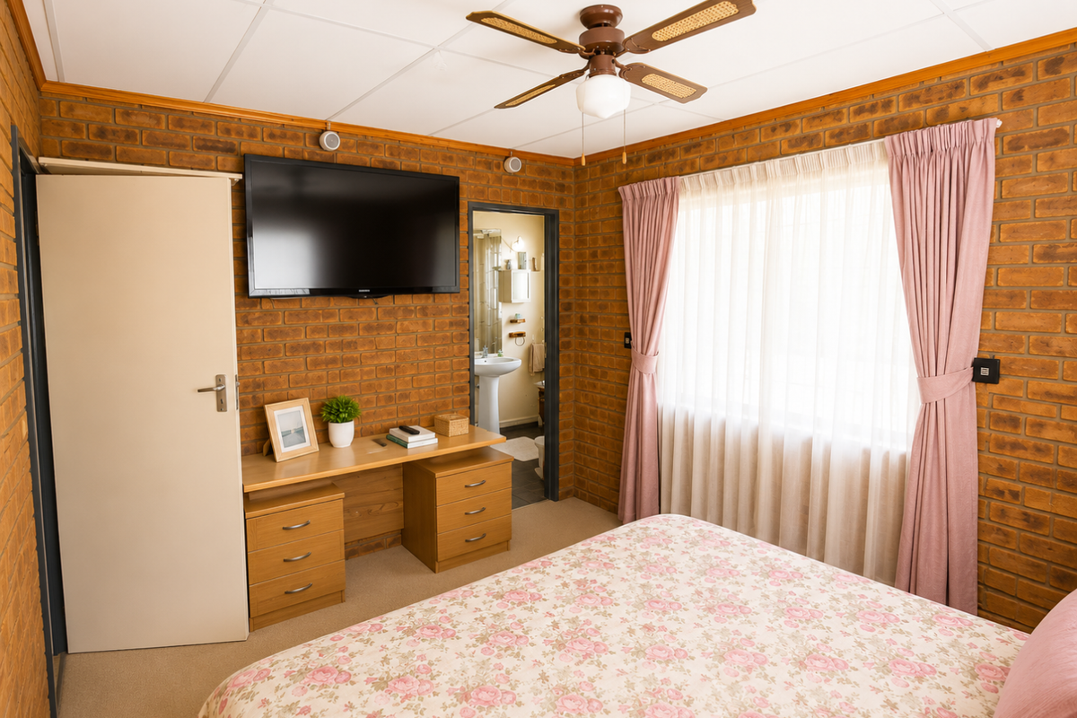 A bedroom featuring exposed brick walls, a ceiling fan, and a built-in desk, with an adjoining en-suite bathroom visible.