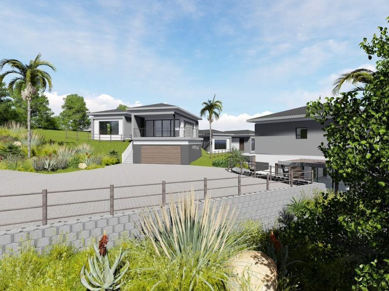 A modern architectural rendering of a multi-level residential property featuring a paved driveway, integrated garage, and elevated balcony set within a landscaped environment.