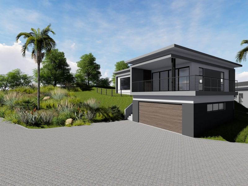 A modern architectural rendering of a contemporary house featuring a garage, upper-level balcony, and paved driveway in a landscaped setting.