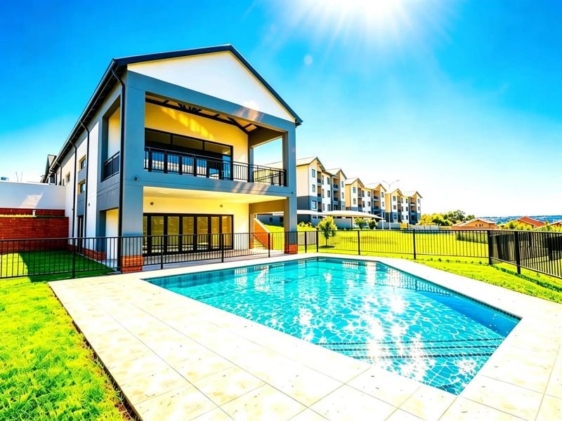 A well-maintained swimming pool area featuring a tiled surround, metal fencing, and a view of the modern apartment building with a covered balcony.