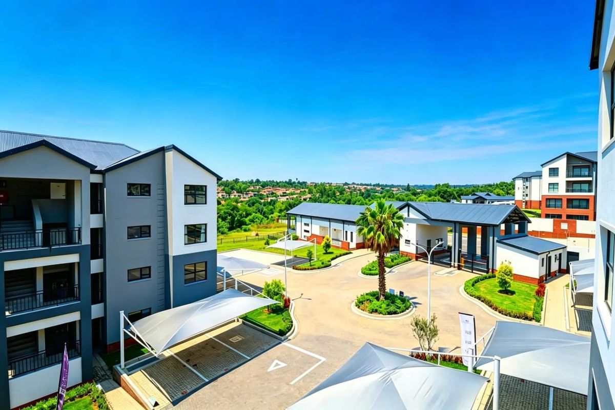 Aerial view of a modern apartment complex featuring paved parking areas, covered bays, a security gatehouse, and well-maintained landscaped grounds.